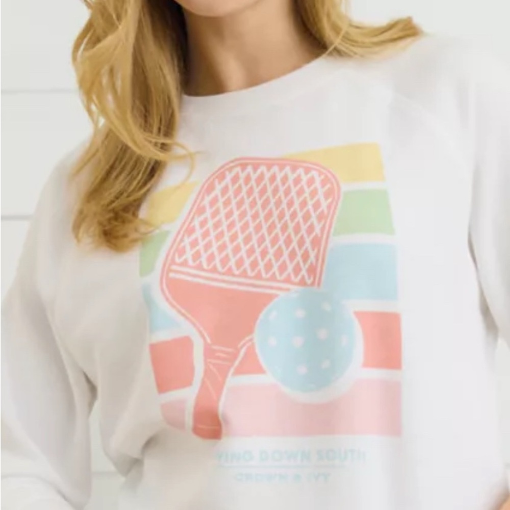 crown & ivy White Graphic Pickleball Sweatshirt with Coral, Teal & Yellow Print - Picture 8 of 13